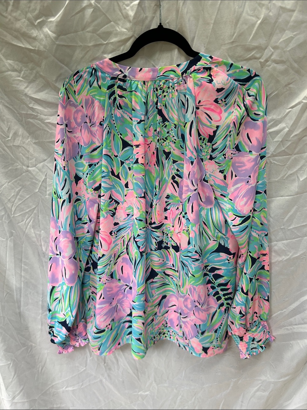 Lilly Pulitzer Pink & Aqua Floral Ruffle V-Neck Blouse - Picture 5 of 6